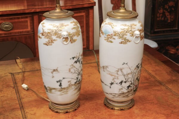 Pair of Japanese Satsuma Porcelain Lamps with Shades, Early 20th Century - Image 10
