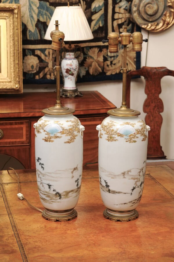 Pair of Japanese Satsuma Porcelain Lamps with Shades, Early 20th Century - Image 11