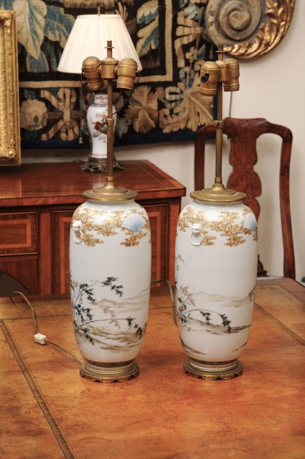 Pair of Japanese Satsuma Porcelain Lamps with Shades, Early 20th Century - Image 12