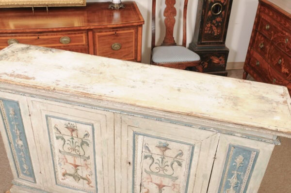 Long 18th Century Italian Painted Credenza with 2 Cabinet Doors & Neoclassical Motifs - Image 13