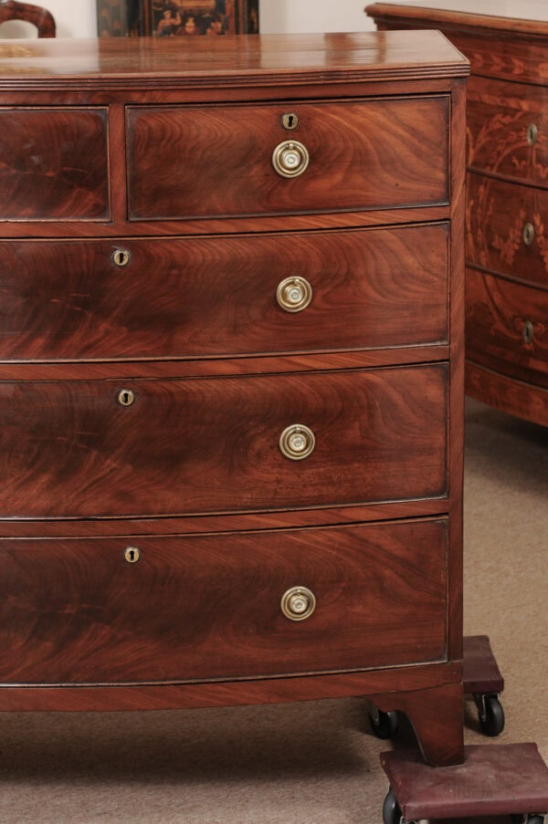 English 19th Century Bowfront Chest in Figured Mahogany with Reeded Edge and 5 Drawers - Image 14