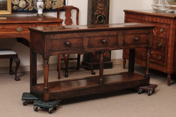 19th Century English Oak Dresser Base / Server with 3 Drawers with Wood Knobs & Plinth Base - Image 4