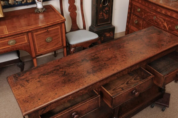 19th Century English Oak Dresser Base / Server with 3 Drawers with Wood Knobs & Plinth Base - Image 7