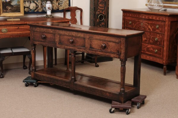 19th Century English Oak Dresser Base / Server with 3 Drawers with Wood Knobs & Plinth Base - Image 13