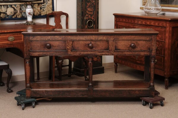 19th Century English Oak Dresser Base / Server with 3 Drawers with Wood Knobs & Plinth Base - Image 14