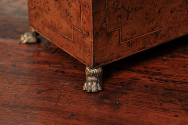 English 19th Century Yew Wood Tea Caddy with String Inlay and Brass Paw Feet - Image 13
