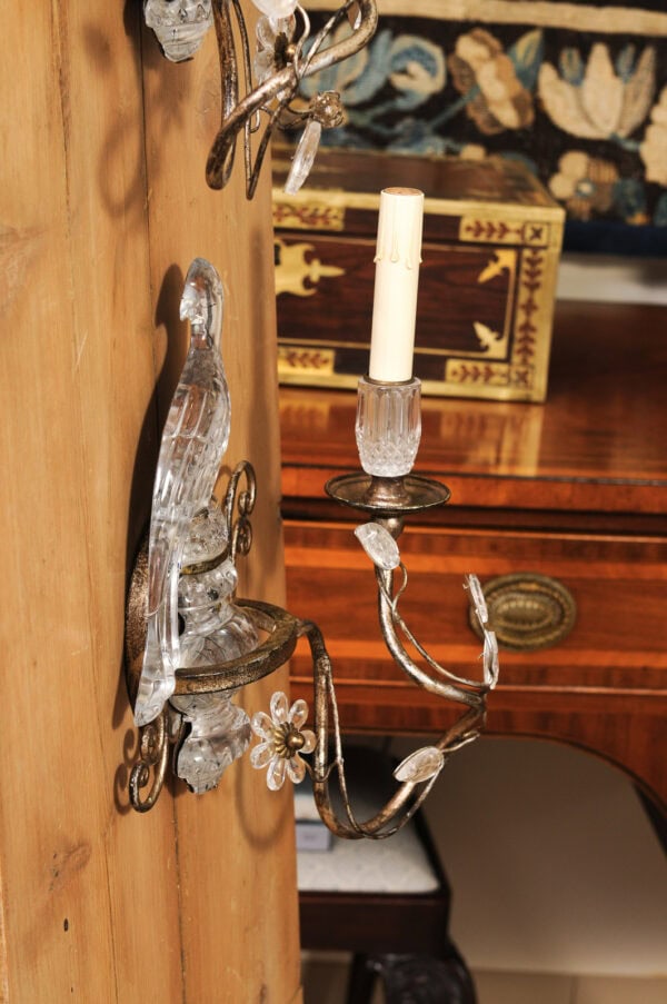 Pair of Crystal & Silver Gilt Tole 1 Light Wall Sconces with Birds, made in Italy - Image 13