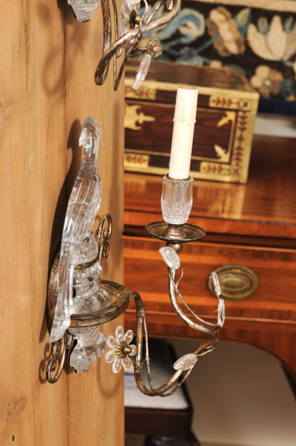 Pair of Crystal & Silver Gilt Tole 1 Light Wall Sconces with Birds, made in Italy - Image 14