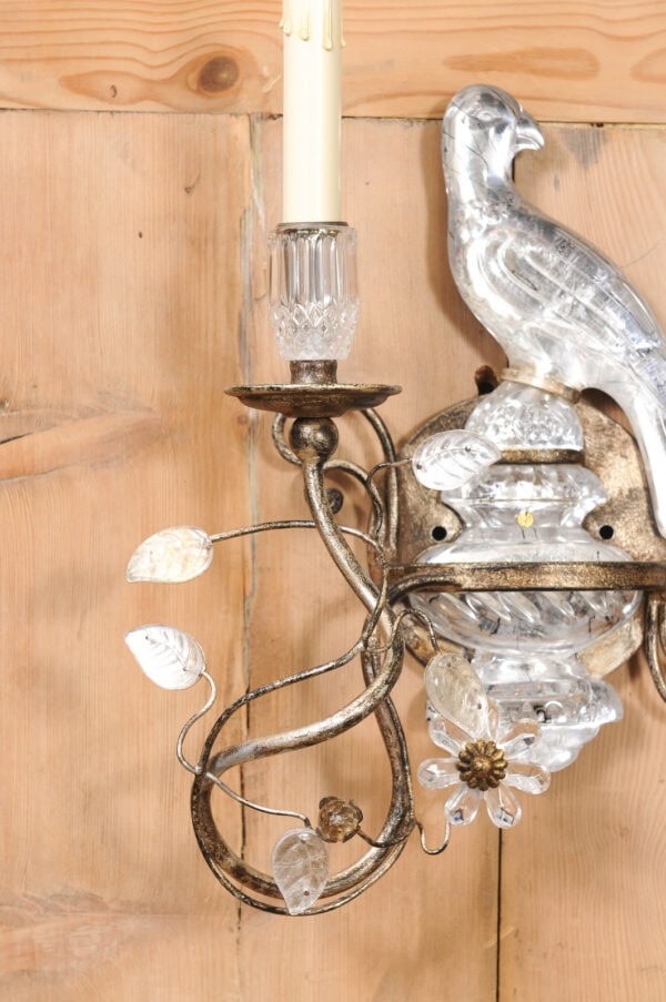 Pair of Crystal & Silver Gilt Tole 1 Light Wall Sconces with Birds, made in Italy - Image 16