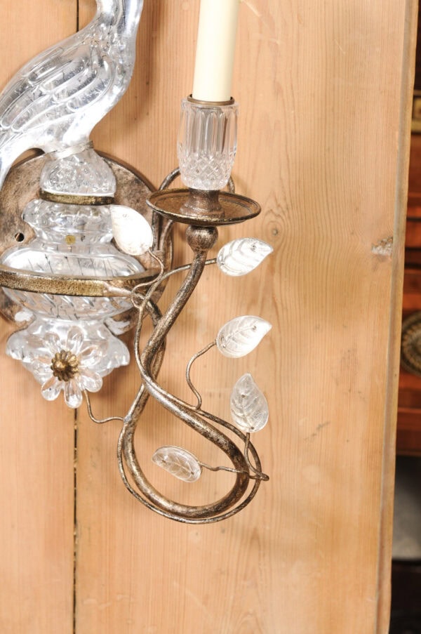 Pair of Crystal & Silver Gilt Tole 1 Light Wall Sconces with Birds, made in Italy - Image 17