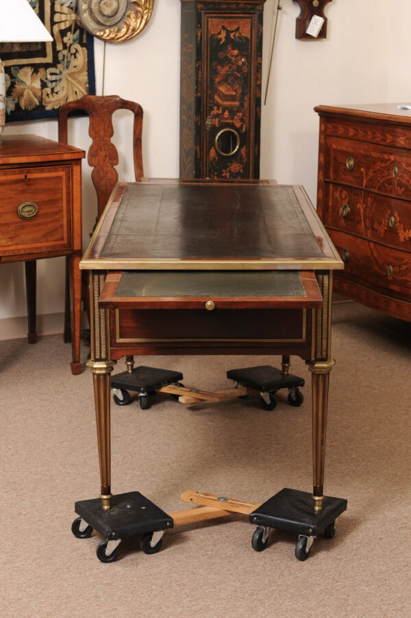 19th Century French Directoire Style Brass Mounted Bureau Plat / Writing Table in Mahogany with Black Leather Top and Slides - Image 13