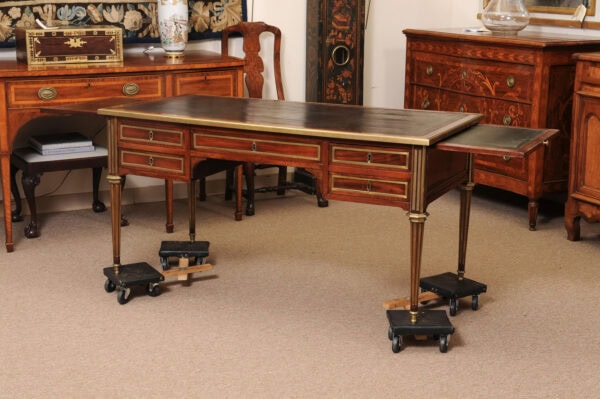 19th Century French Directoire Style Brass Mounted Bureau Plat / Writing Table in Mahogany with Black Leather Top and Slides - Image 14