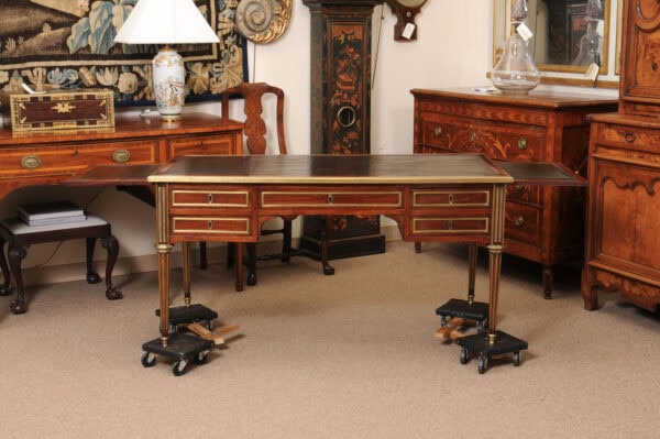 19th Century French Directoire Style Brass Mounted Bureau Plat / Writing Table in Mahogany with Black Leather Top and Slides - Image 15