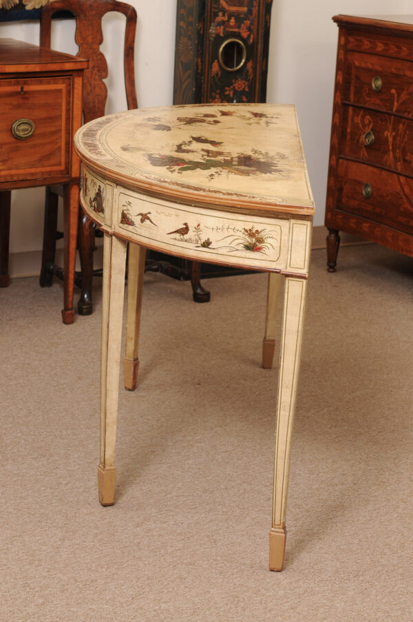 English Chinioserie Lacquered Demilune Server with Square Tapering Legs, Early 20th Century - Image 13