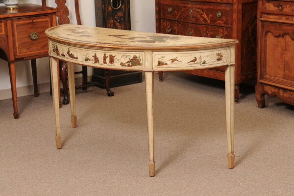 English Chinioserie Lacquered Demilune Server with Square Tapering Legs, Early 20th Century - Image 14