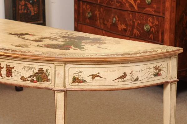 English Chinioserie Lacquered Demilune Server with Square Tapering Legs, Early 20th Century - Image 15