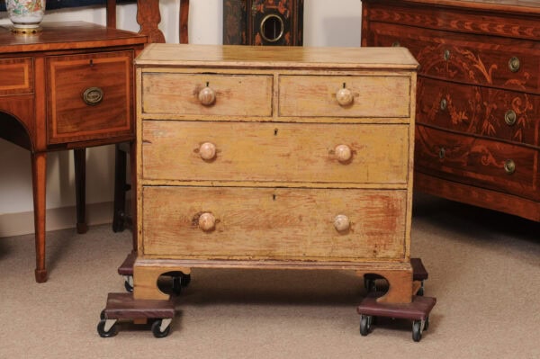English 19th Century Yellow Painted Chest with Ebonized Detail, Wooden Pulls and Bracket Feet - Image 13