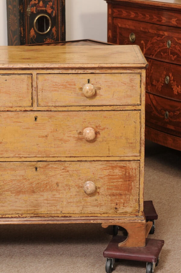English 19th Century Yellow Painted Chest with Ebonized Detail, Wooden Pulls and Bracket Feet - Image 14