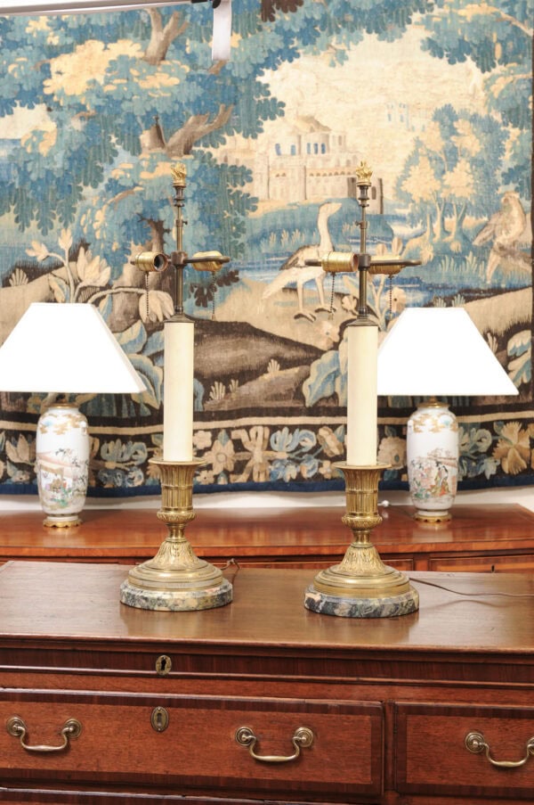 Pair of Bronze Louis XVI Style Candle Sticks with Marble Base, Wired into Lamps - Image 13