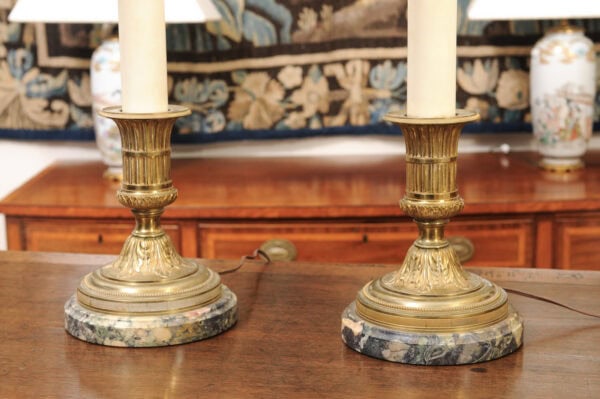 Pair of Bronze Louis XVI Style Candle Sticks with Marble Base, Wired into Lamps - Image 14