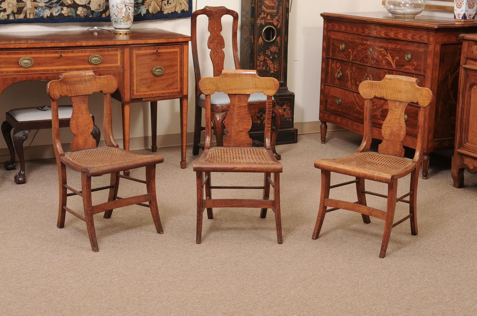 Set of 3 19th Century Federal Style Maple Dining Chairs with Cane Seats - Image 3
