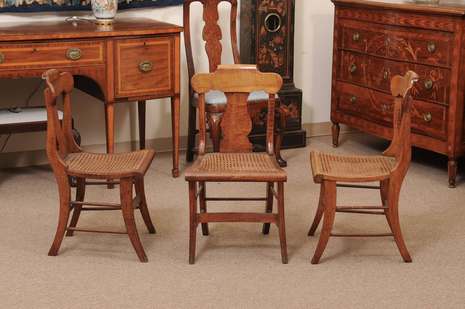 Set of 3 19th Century Federal Style Maple Dining Chairs with Cane Seats - Image 7