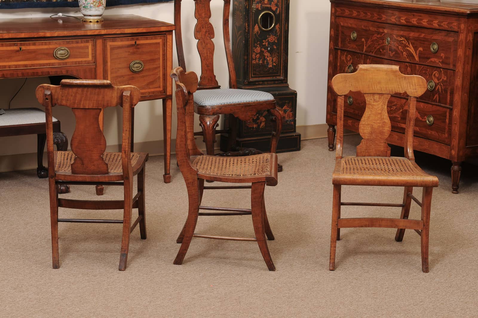 Set of 3 19th Century Federal Style Maple Dining Chairs with Cane Seats - Image 8
