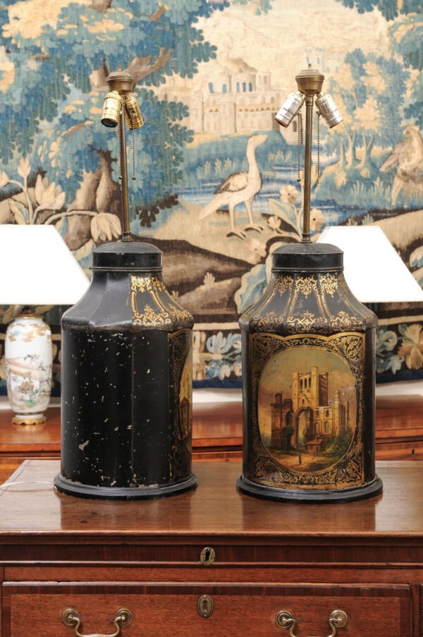 Pair of Black Painted Tole Tea Canisters with Landscape Scenes ca. 1890 , wired as Lamps with Shades - Image 7