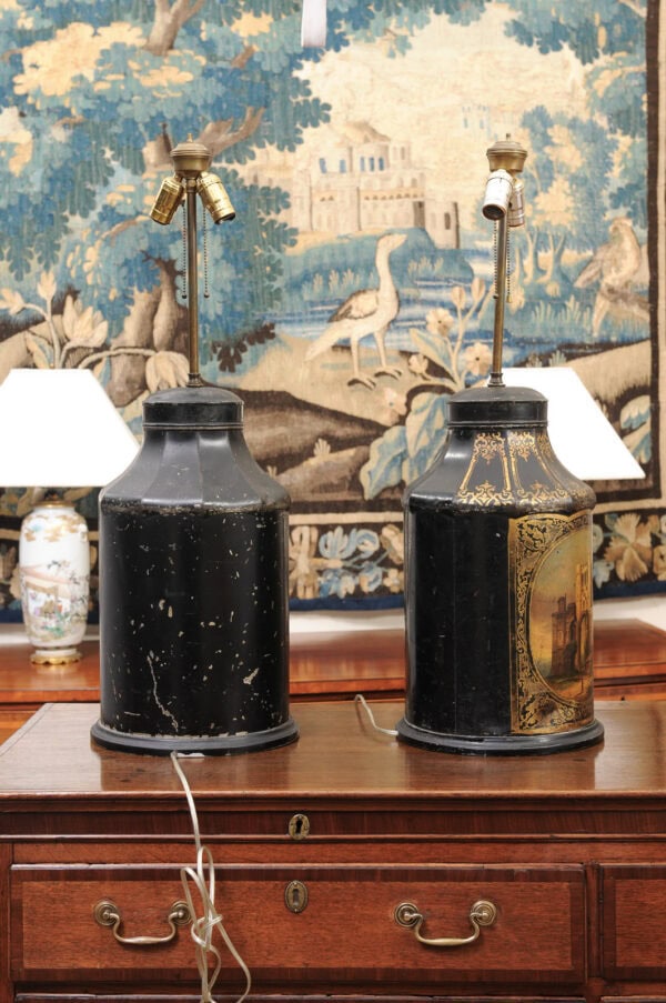 Pair of Black Painted Tole Tea Canisters with Landscape Scenes ca. 1890 , wired as Lamps with Shades - Image 8