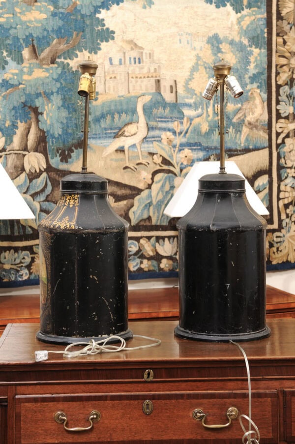 Pair of Black Painted Tole Tea Canisters with Landscape Scenes ca. 1890 , wired as Lamps with Shades - Image 9
