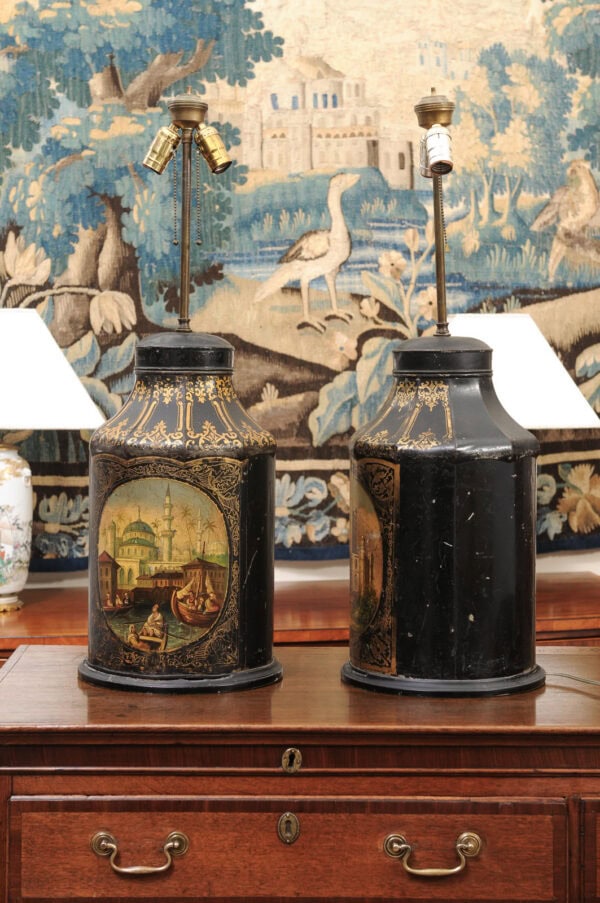 Pair of Black Painted Tole Tea Canisters with Landscape Scenes ca. 1890 , wired as Lamps with Shades - Image 10