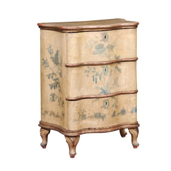 18th Century Italian Serpentine Polychrome Painted Commode with Silver Gilt and Blue Painted Foliage Detail - Image 2