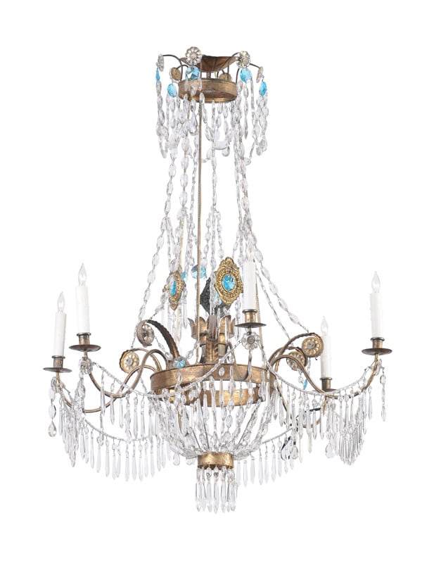 Italian Early 19th Century Crystal & Gilt Metal Chandelier with 6 Lights, Genoa