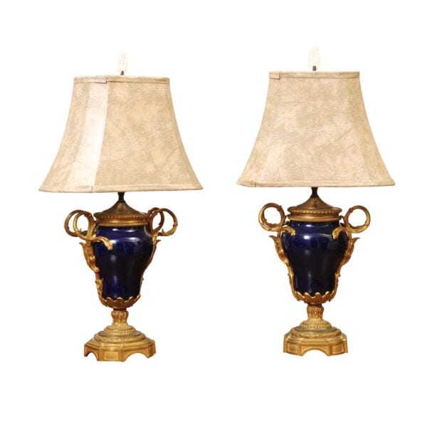 Pair of French Cobalt Blue Porcelain & Bronze Lamps - Image 2