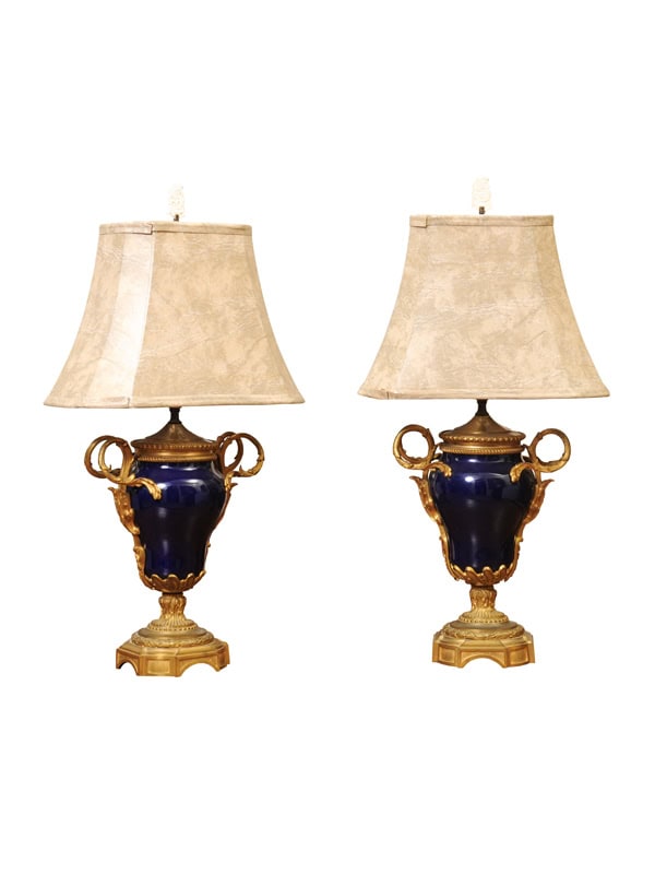 Pair of French Cobalt Blue Porcelain & Bronze Lamps