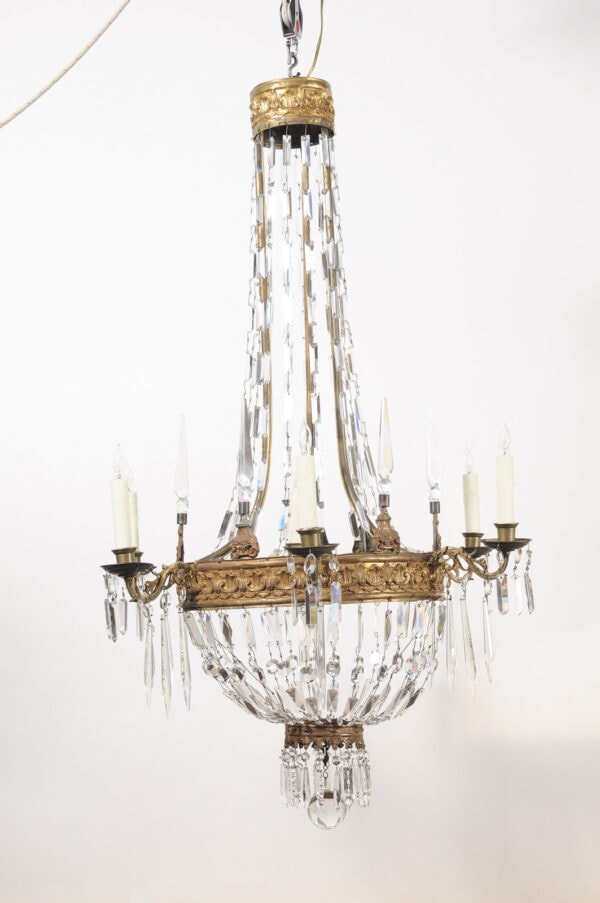 Pair of Neoclassical Italian Bronze & Crystal Basket Chandeliers with 6 Lights, Piedmont Region, Ca. 1780 - Image 14