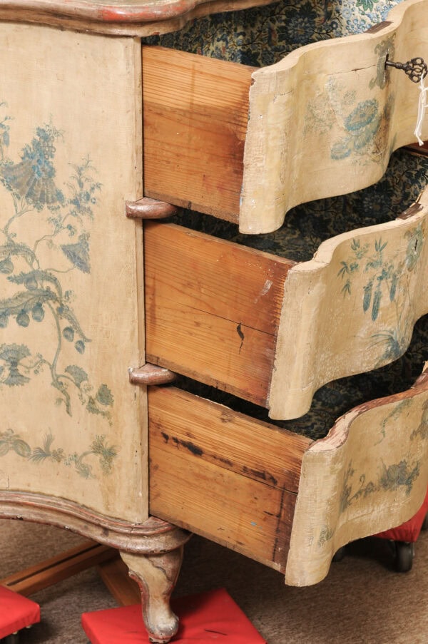 18th Century Italian Serpentine Polychrome Painted Commode with Silver Gilt and Blue Painted Foliage Detail - Image 5