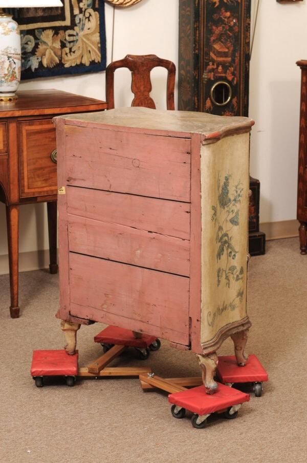 18th Century Italian Serpentine Polychrome Painted Commode with Silver Gilt and Blue Painted Foliage Detail - Image 8