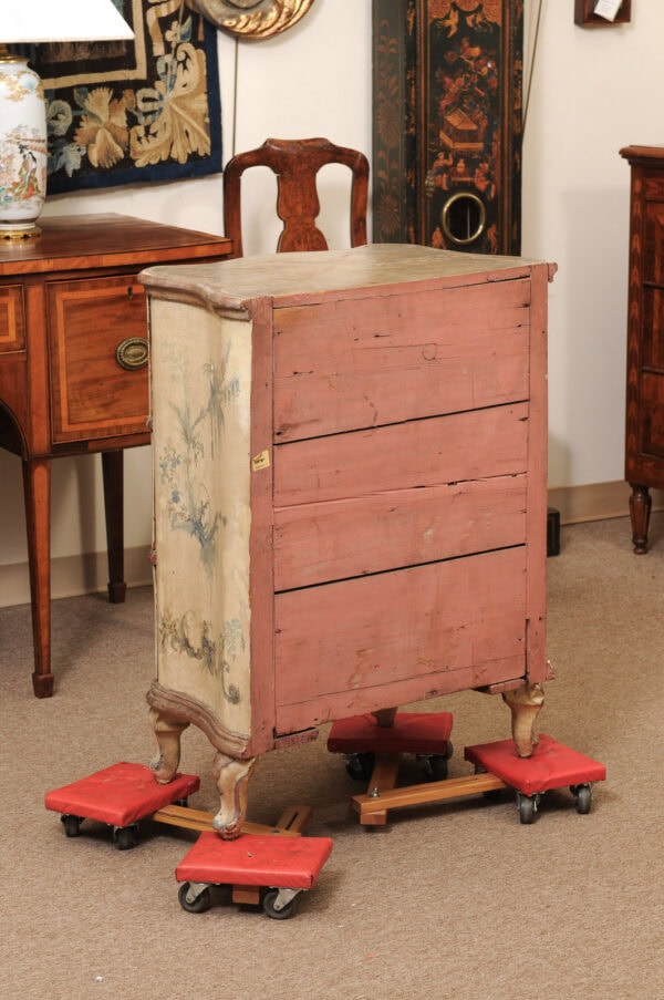 18th Century Italian Serpentine Polychrome Painted Commode with Silver Gilt and Blue Painted Foliage Detail - Image 10