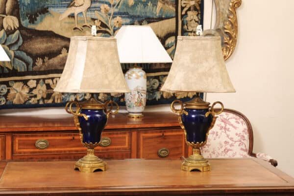 Pair of French Cobalt Blue Porcelain & Bronze Lamps - Image 3