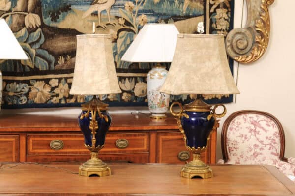 Pair of French Cobalt Blue Porcelain & Bronze Lamps - Image 7