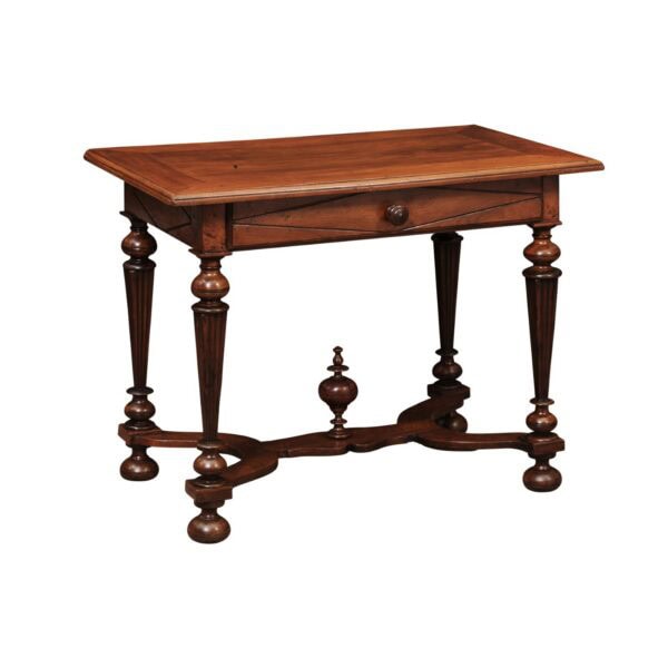 French 19th Century Louis XIV Style Walnut Side Table with Fluted Square Legs and X Form Stretcher - Image 2