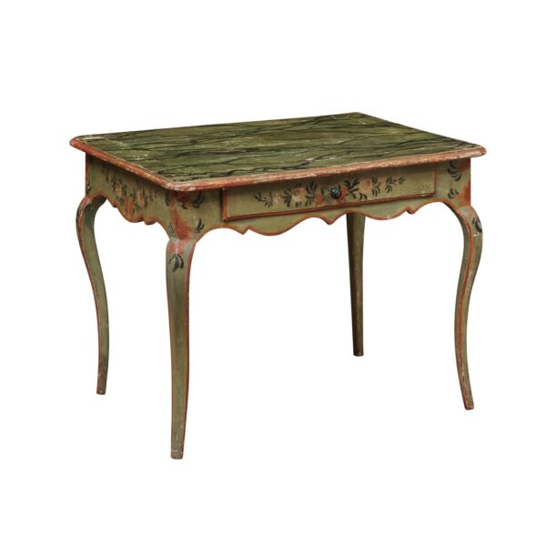 French Louis XV 18th Century Green Painted Side Table with Faux Marble Top - Image 2
