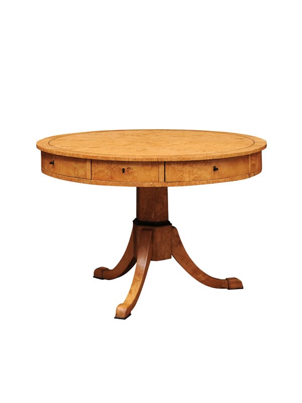 Biedemeier 19th Century Drum Table in Birch, Burled Elm and Rosewood Crossbanding with 6 Drawers and Pedestal Base