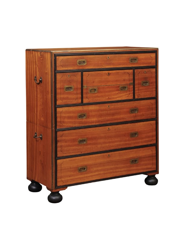 19th Century English Brass Mounted Mahogany Campaign Chest with Ebonized Detail & Secretary Drawer
