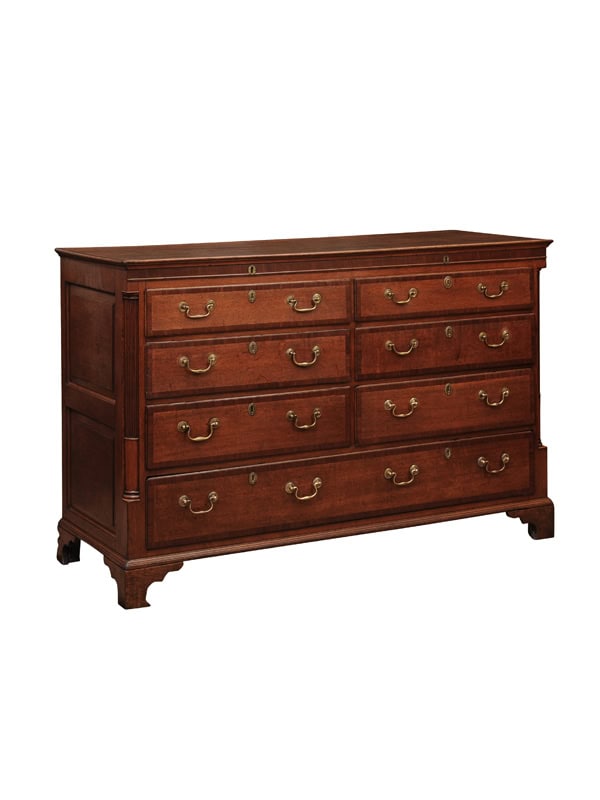 English Early 19th Century Oak Mules Chest with 7 Crossbanded Drawers, and Flanking Column Detail