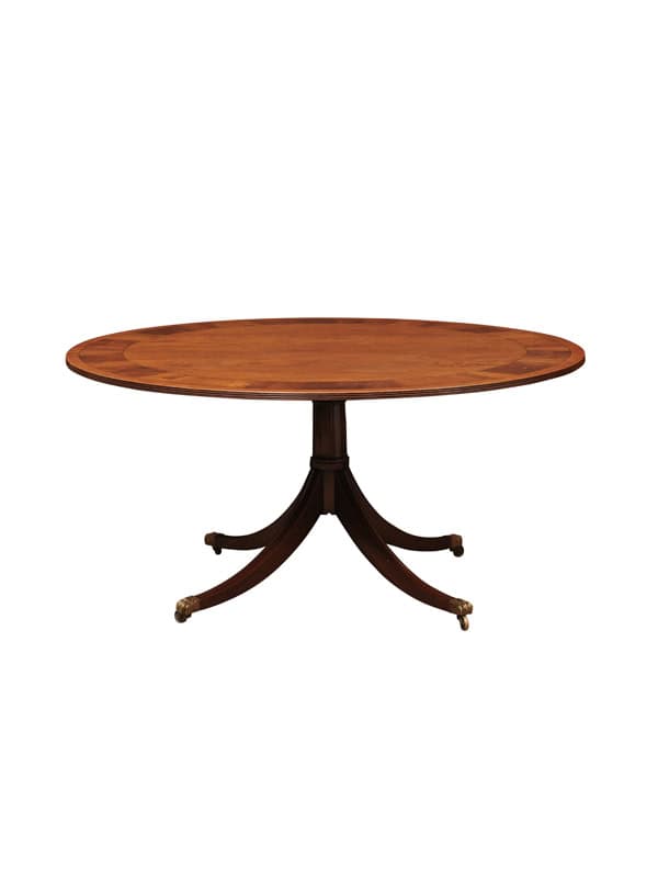 English Round Mahogany Pedestal Dining Table with Crossbanding and Ebonized String Inlay, 20th Century