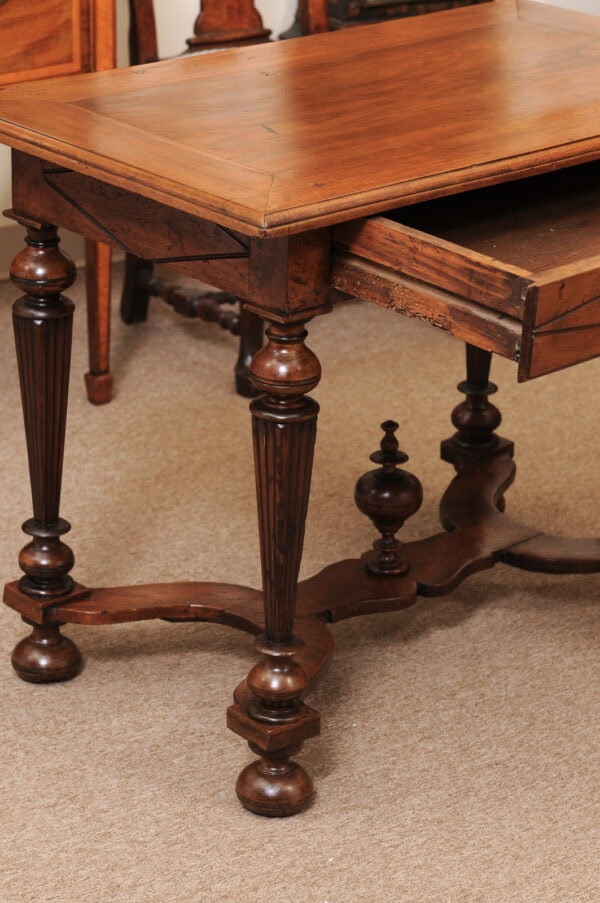 French 19th Century Louis XIV Style Walnut Side Table with Fluted Square Legs and X Form Stretcher - Image 4