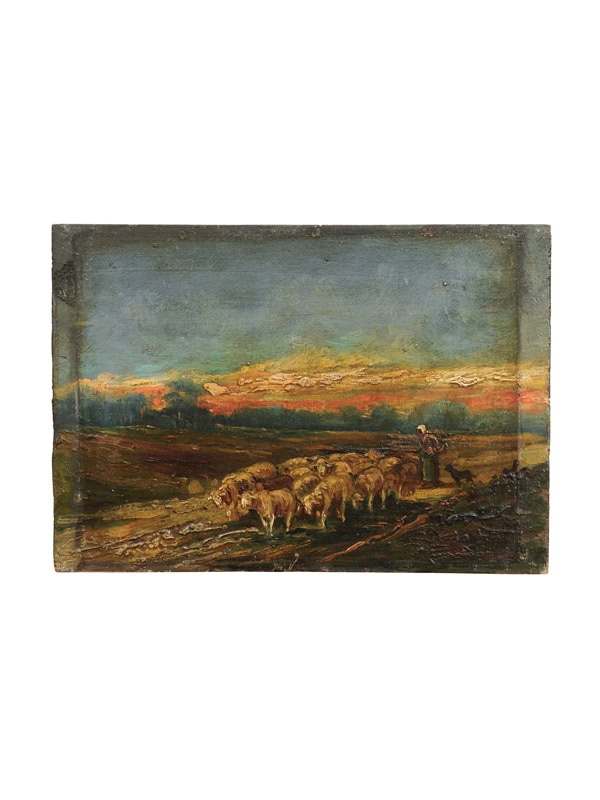 18th Century Oil on Board Painting of Lambs in Landscape