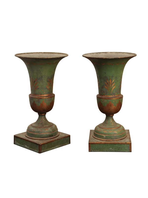 Pair of Green Painted Tole Urns, ca. 1930